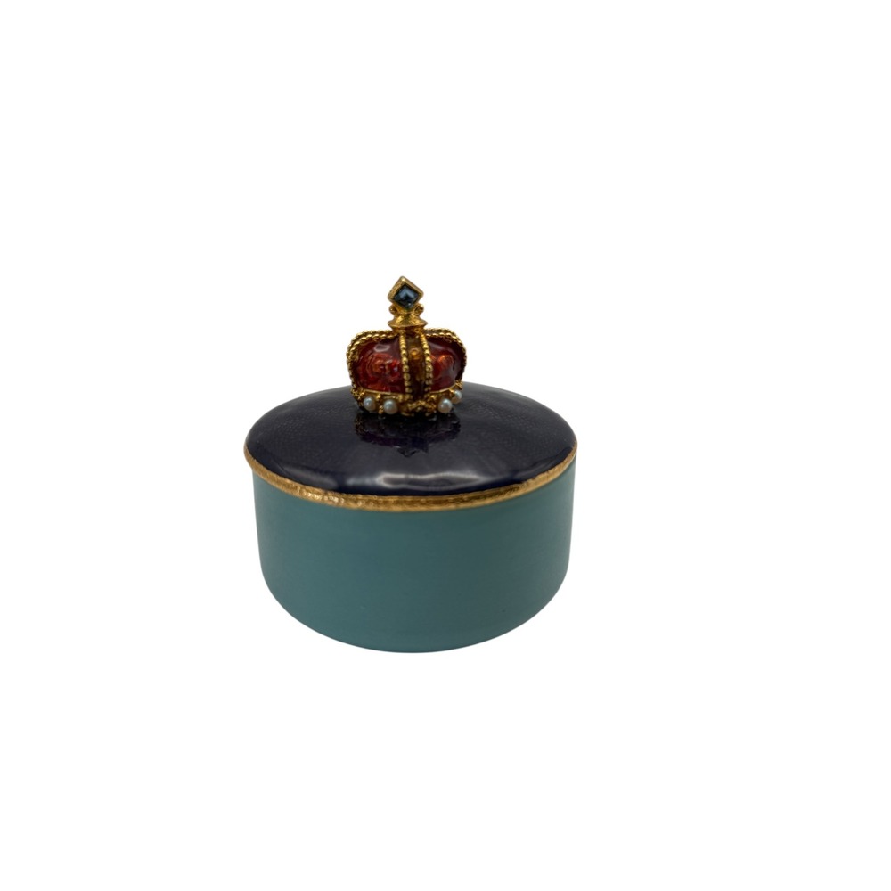 Mike and Ally Crown Trinket Box Navy Blue Teal Gold Enamel Jewelry Holder